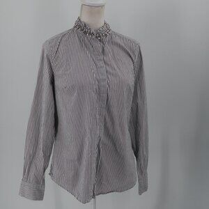 Elle Women's Blue White Stripe Button Down Rhinestone Neckline Detail Size 10